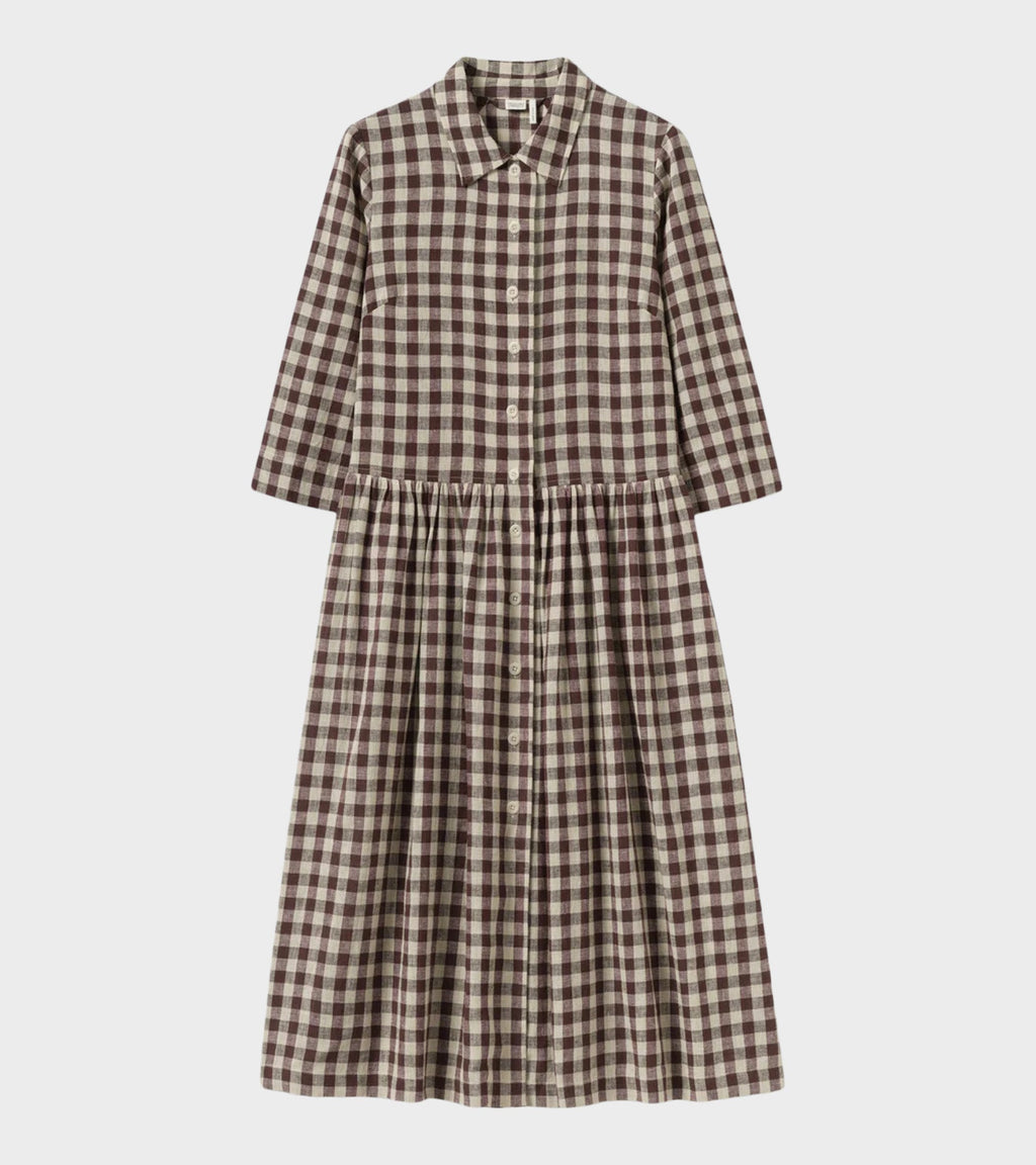 Check Linen Cotton Shirt Dress Dark Chocolate/Ecru