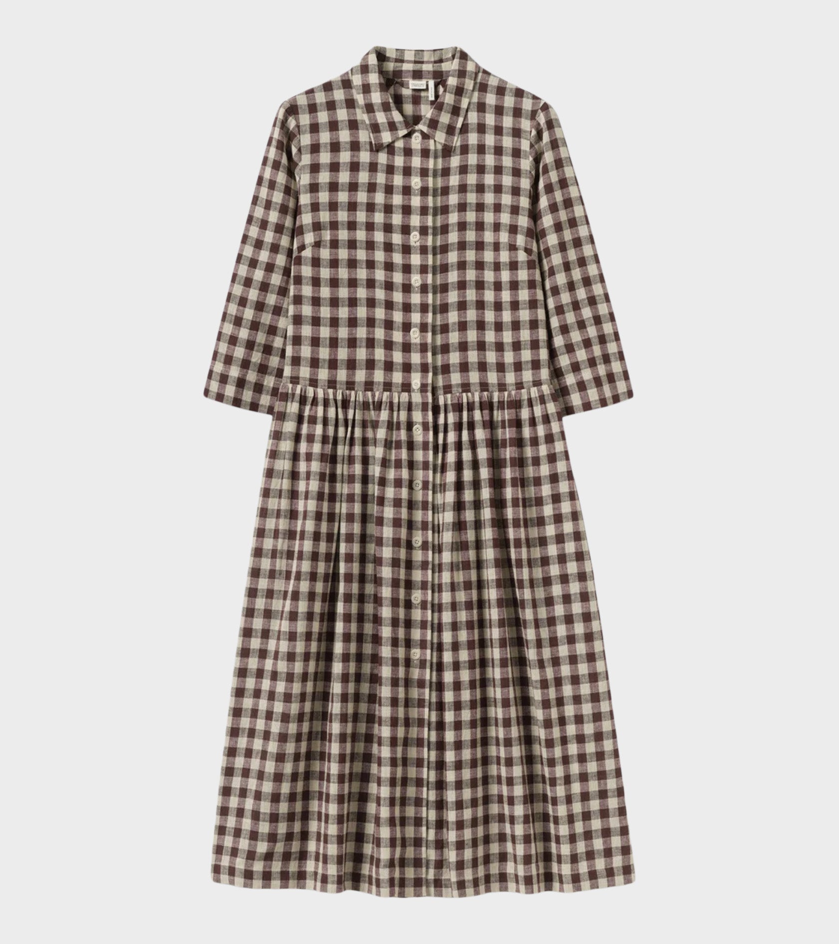 Check Linen Cotton Shirt Dress Dark Chocolate/Ecru