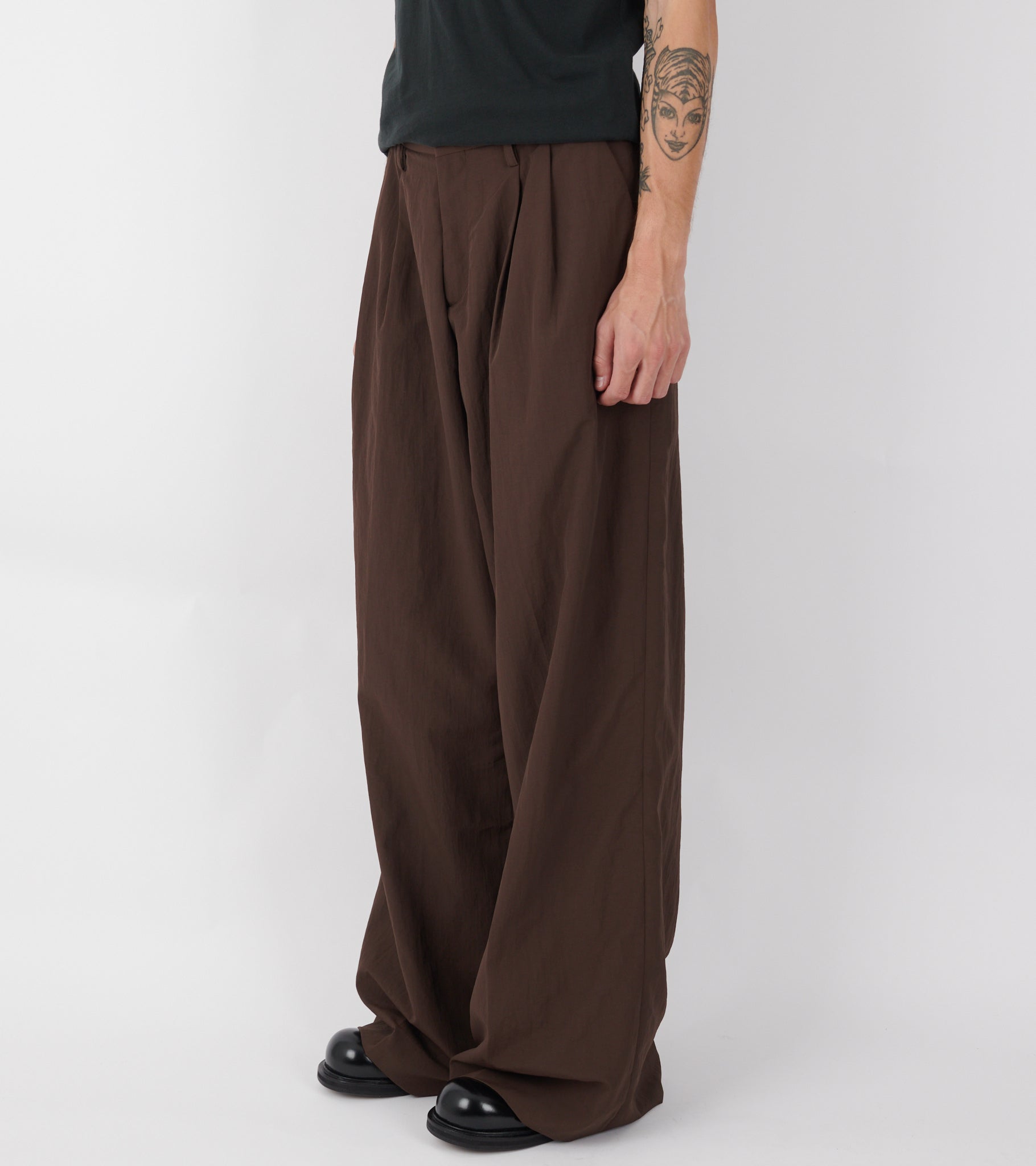 Pleated Nylon Suit Trousers Dark Brown
