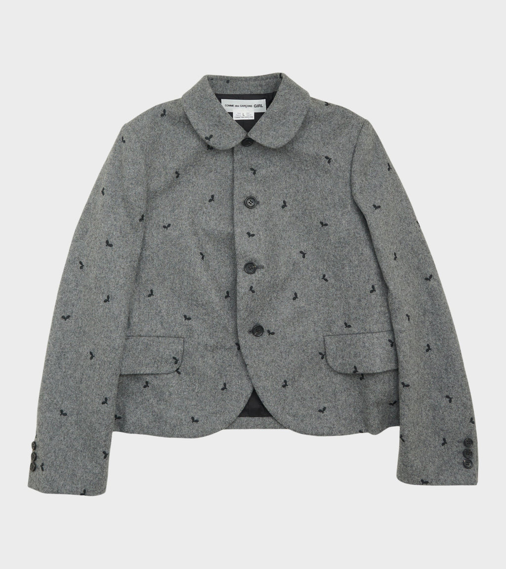 Embroidered Round Collar Jacket Grey
