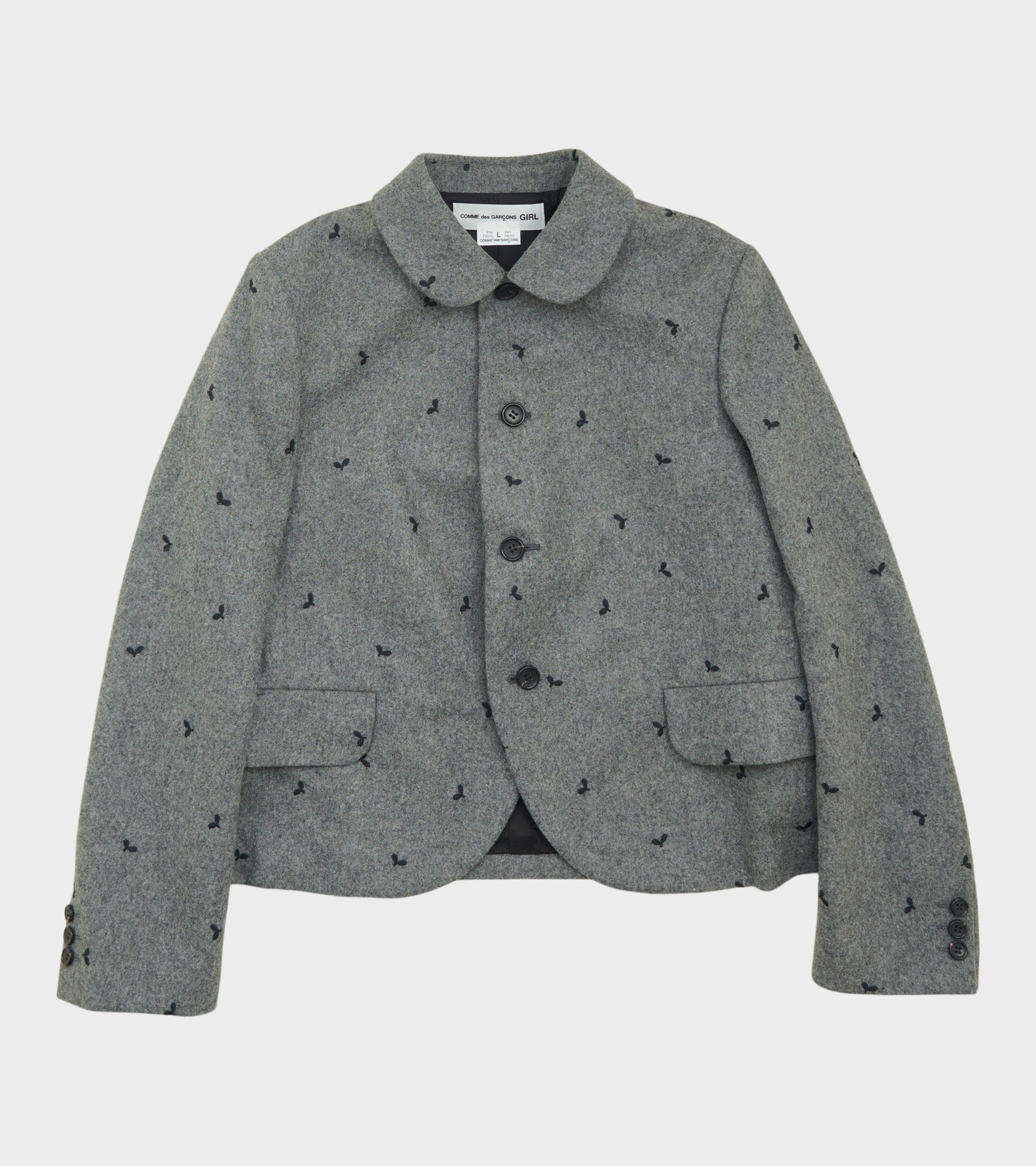 Embroidered Round Collar Jacket Grey