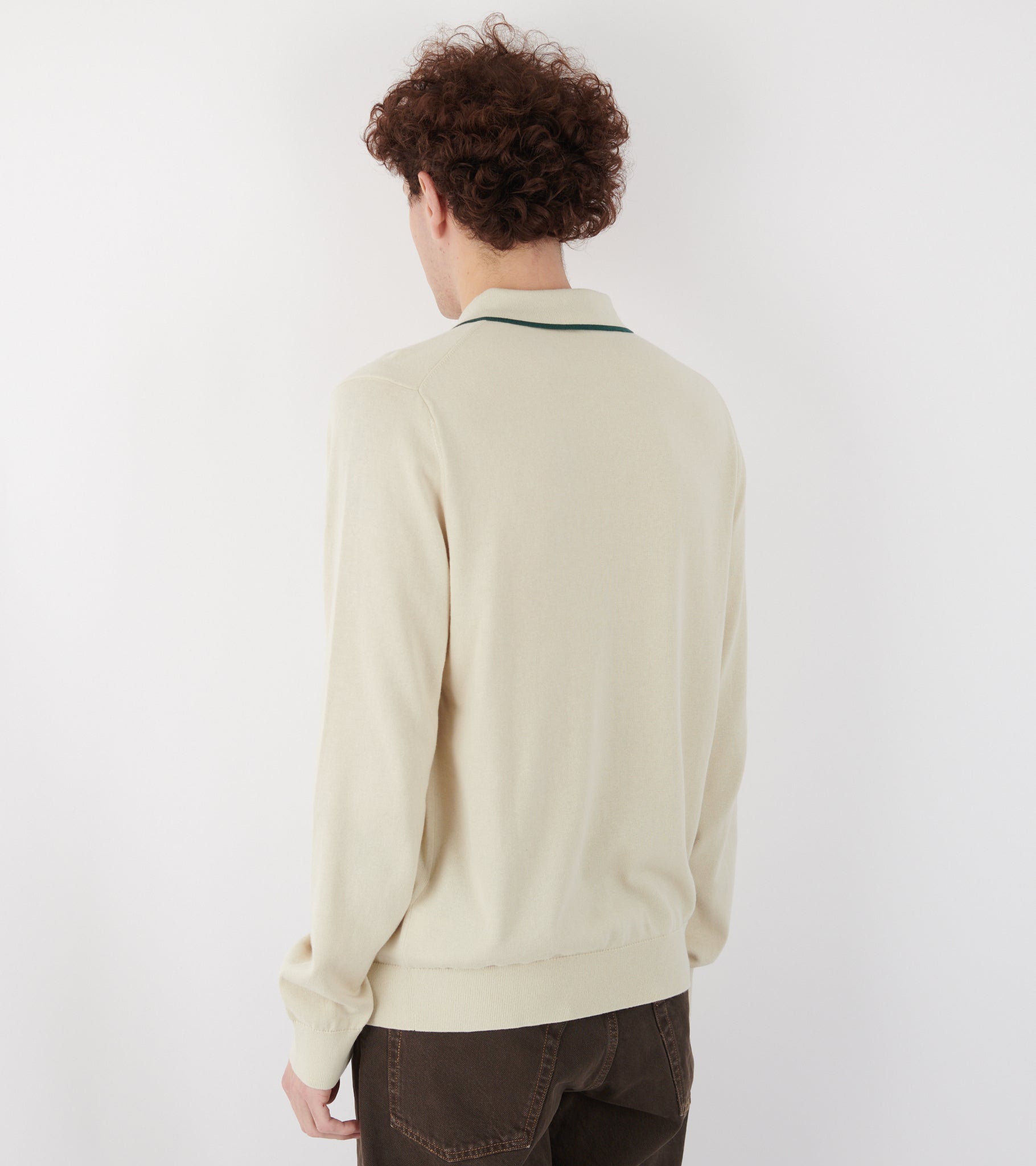 L/S Knit Polo Off-white/Forest Green