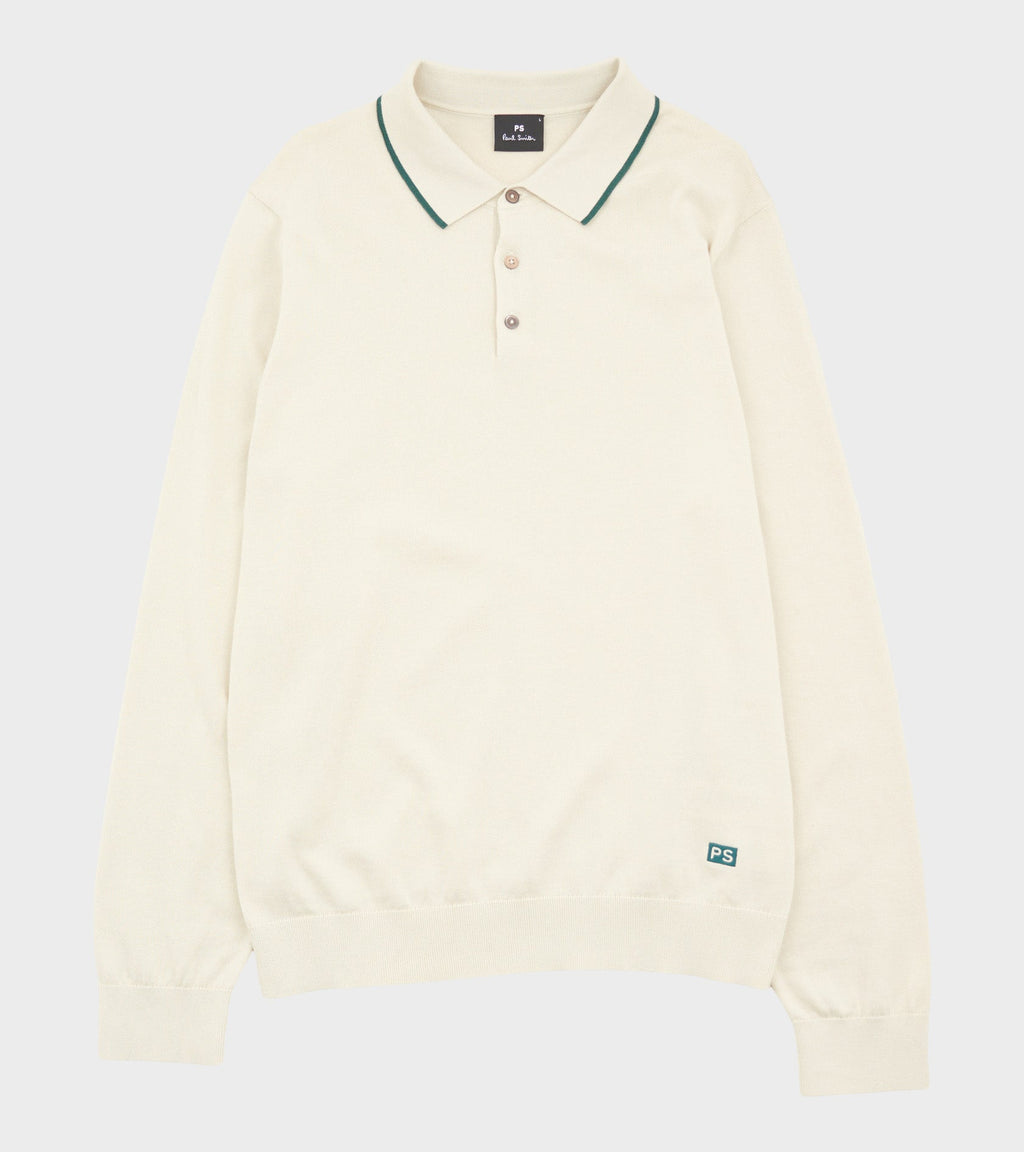 L/S Knit Polo Off-white/Forest Green