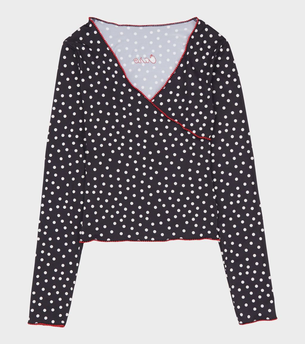 Jersey Wrap Top Black Dots