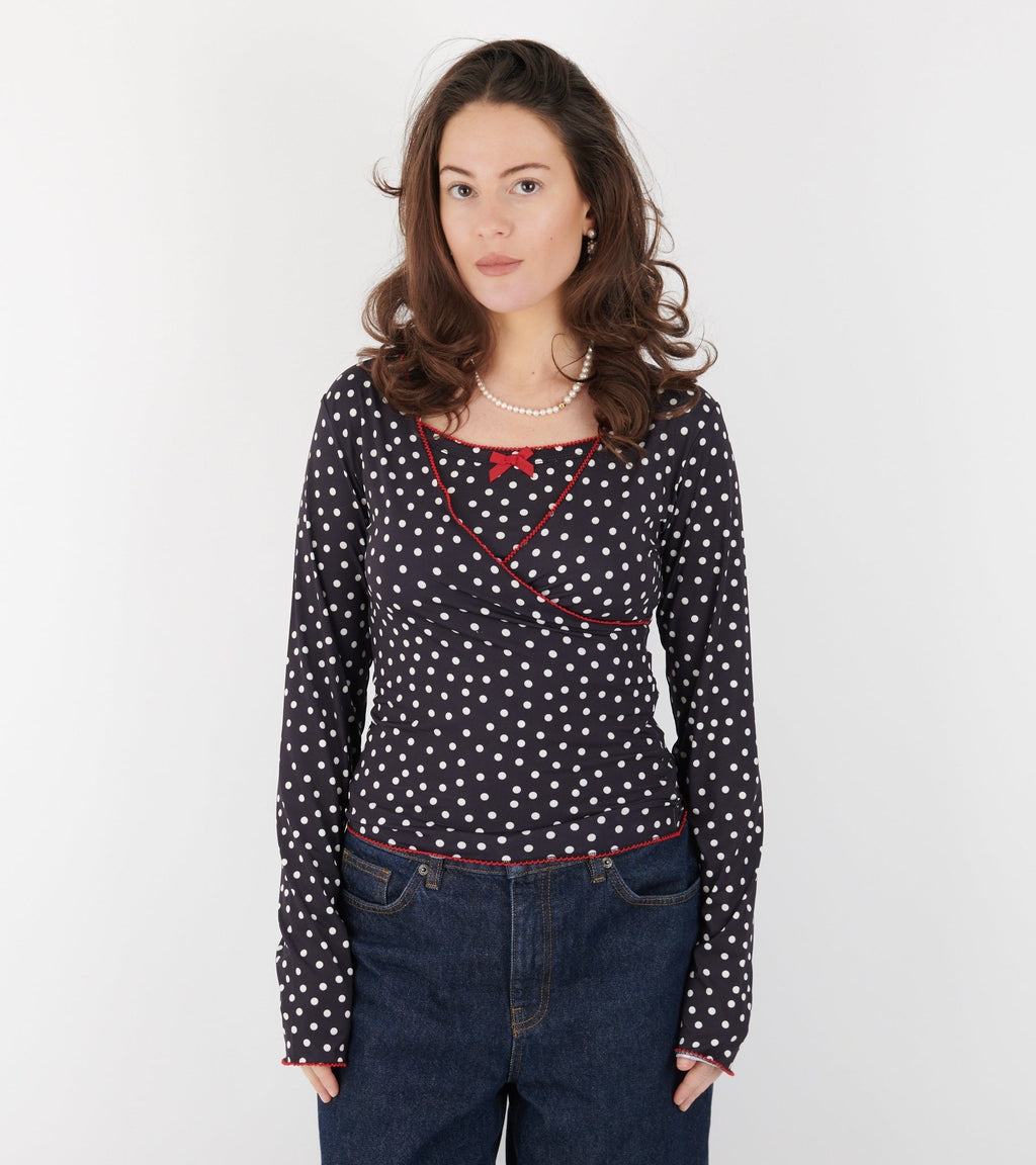 Jersey Wrap Top Black Dots