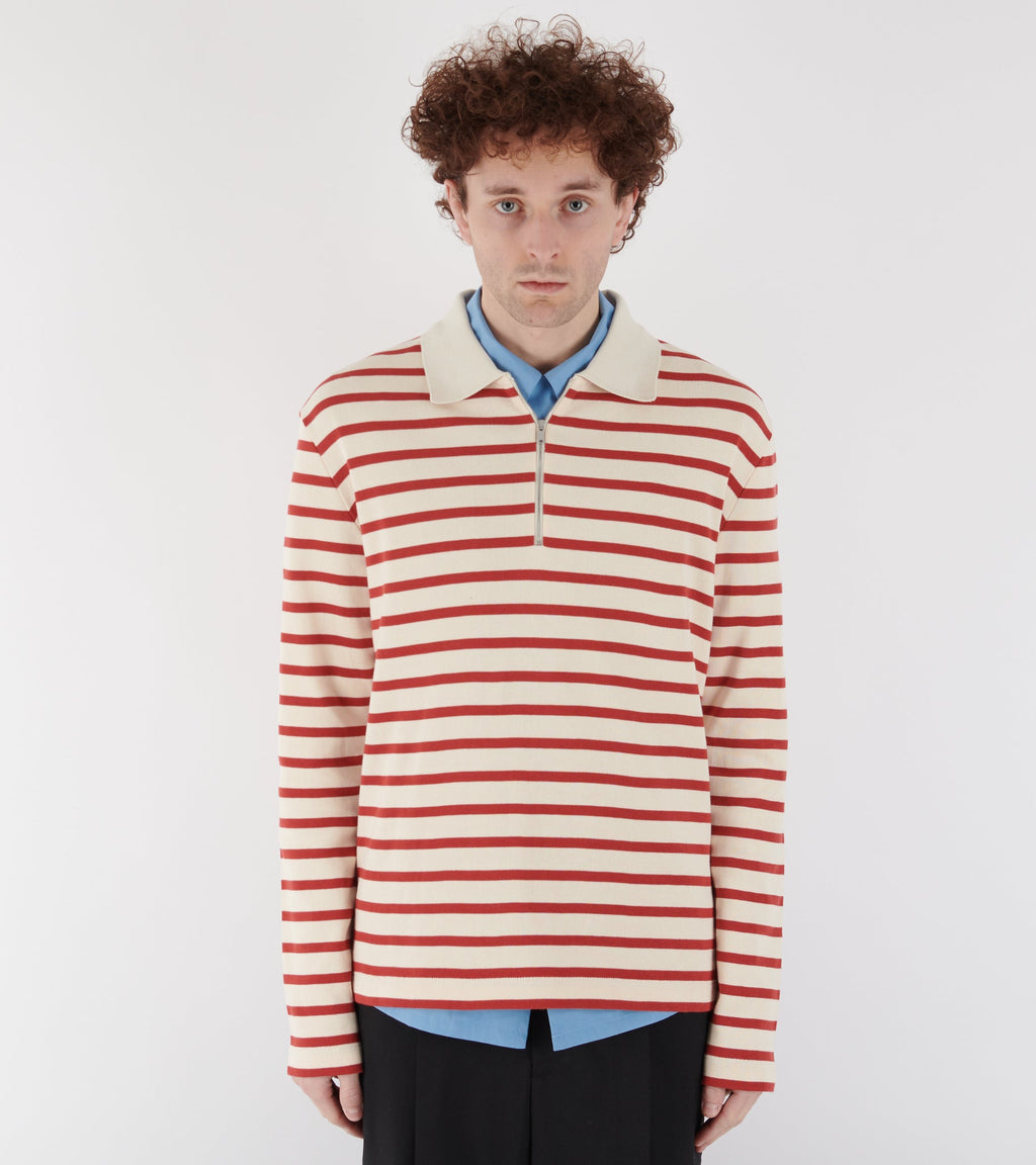 Ribbed Cotton Jersey Stripe L/S Polo Salty Red
