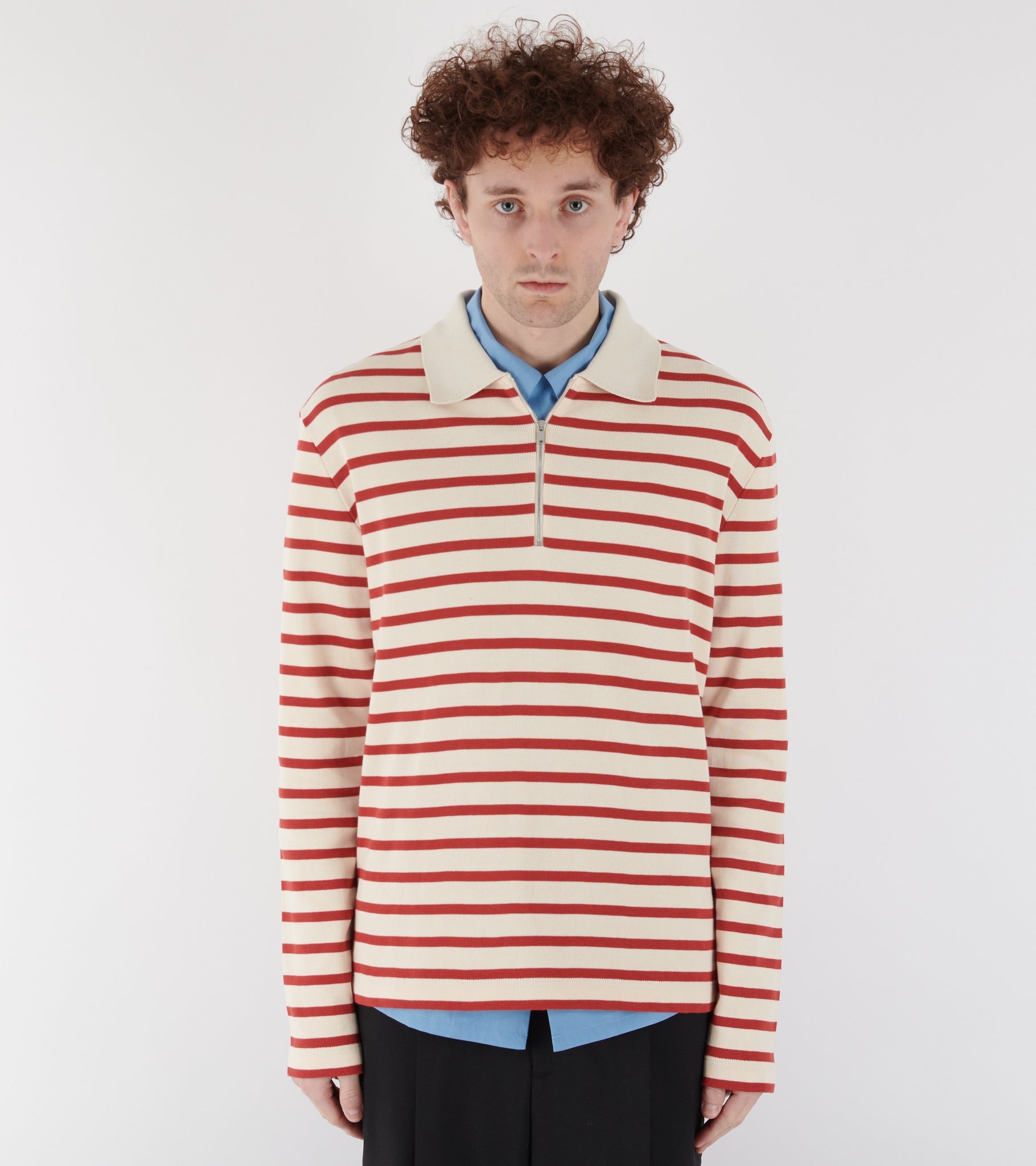 Ribbed Cotton Jersey Stripe L/S Polo Salty Red