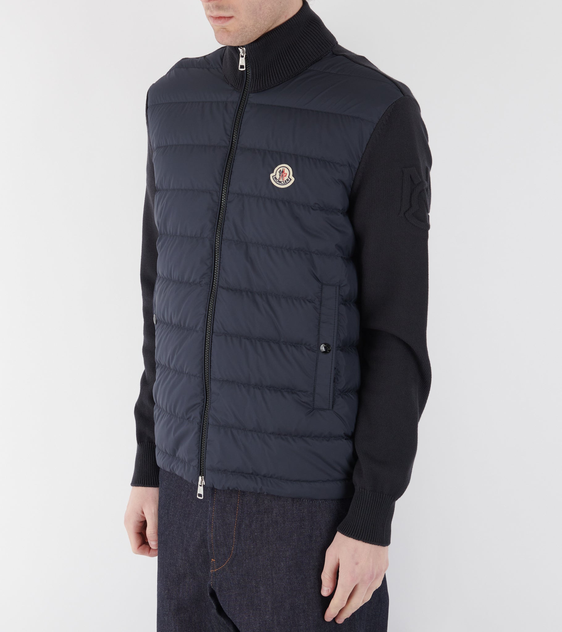 Sleeve Knit Logo Padded Zip-up Cardigan Navy Blue