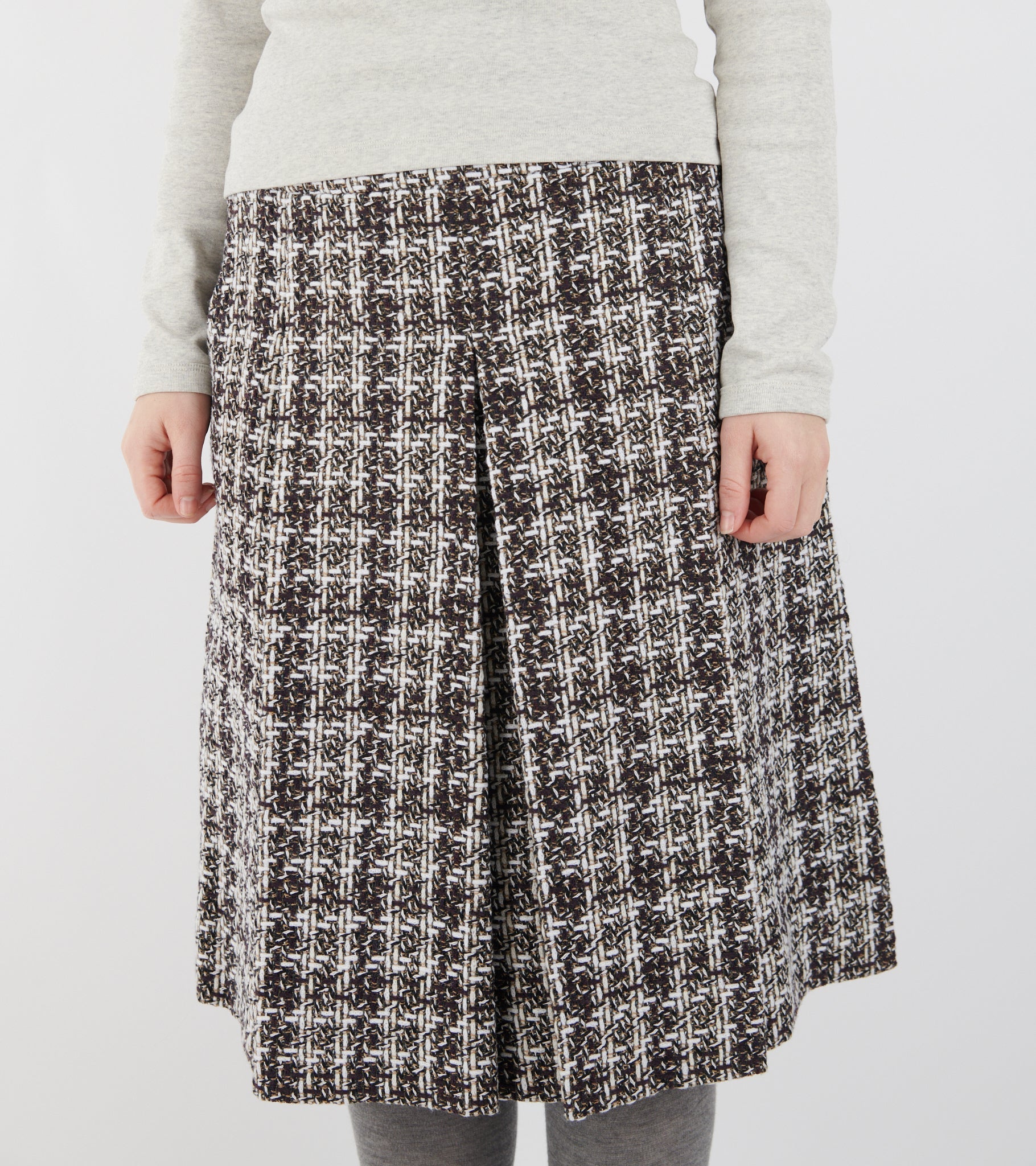 Bouclé Wool Full Length Pleated Skirt Burgundy Checkered