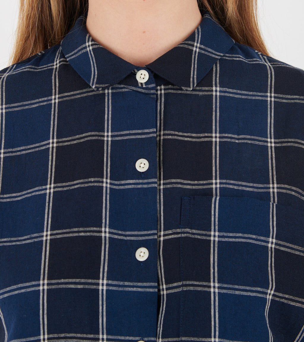 Market Check Cotton Linen Shirt Denim Blue