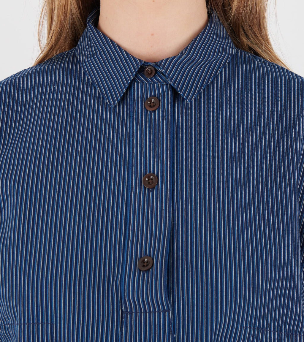 Railroad Stripe Popover Smock Shirt Denim Blue
