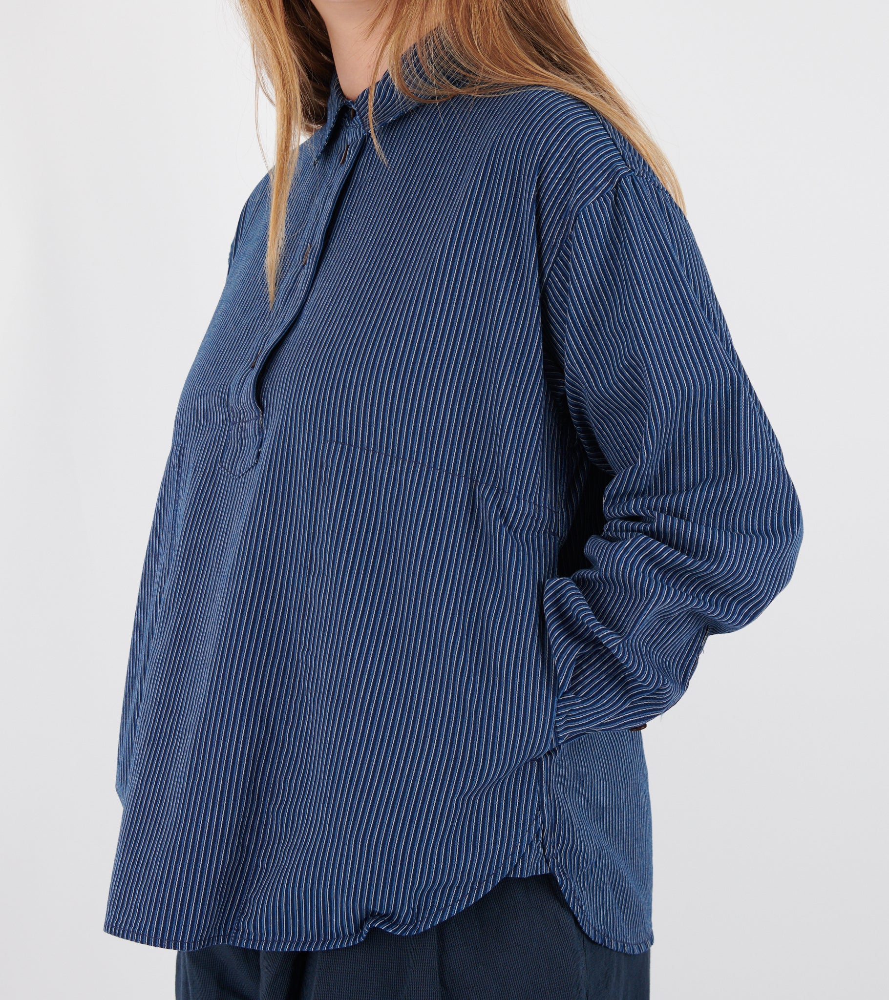 Railroad Stripe Popover Smock Shirt Denim Blue