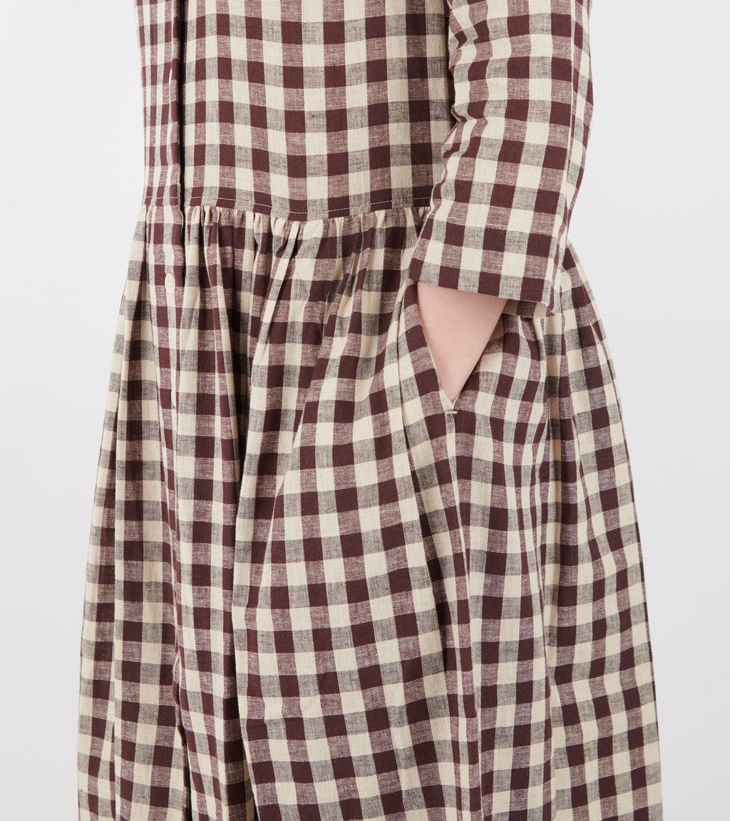 Check Linen Cotton Shirt Dress Dark Chocolate/Ecru