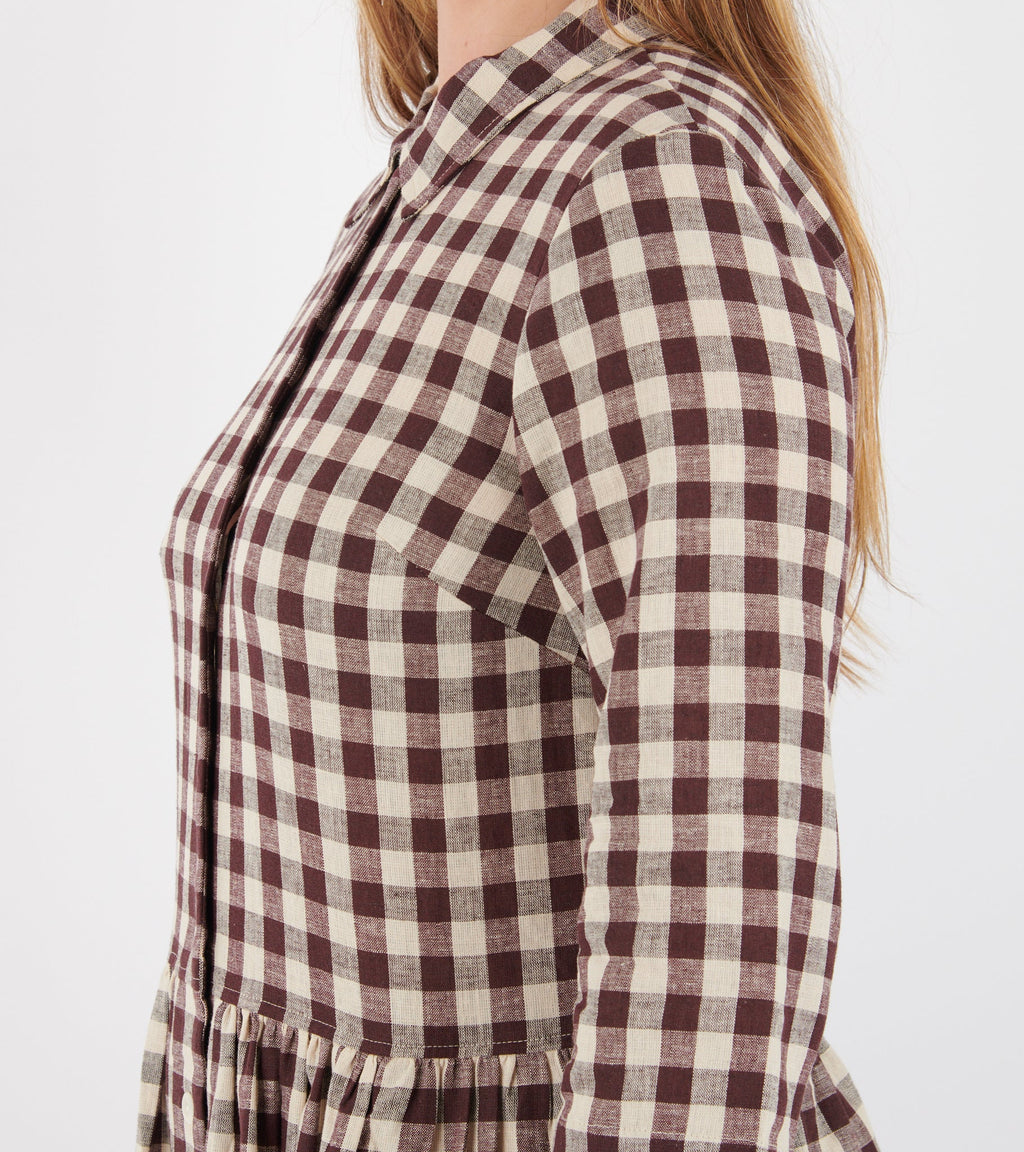 Check Linen Cotton Shirt Dress Dark Chocolate/Ecru