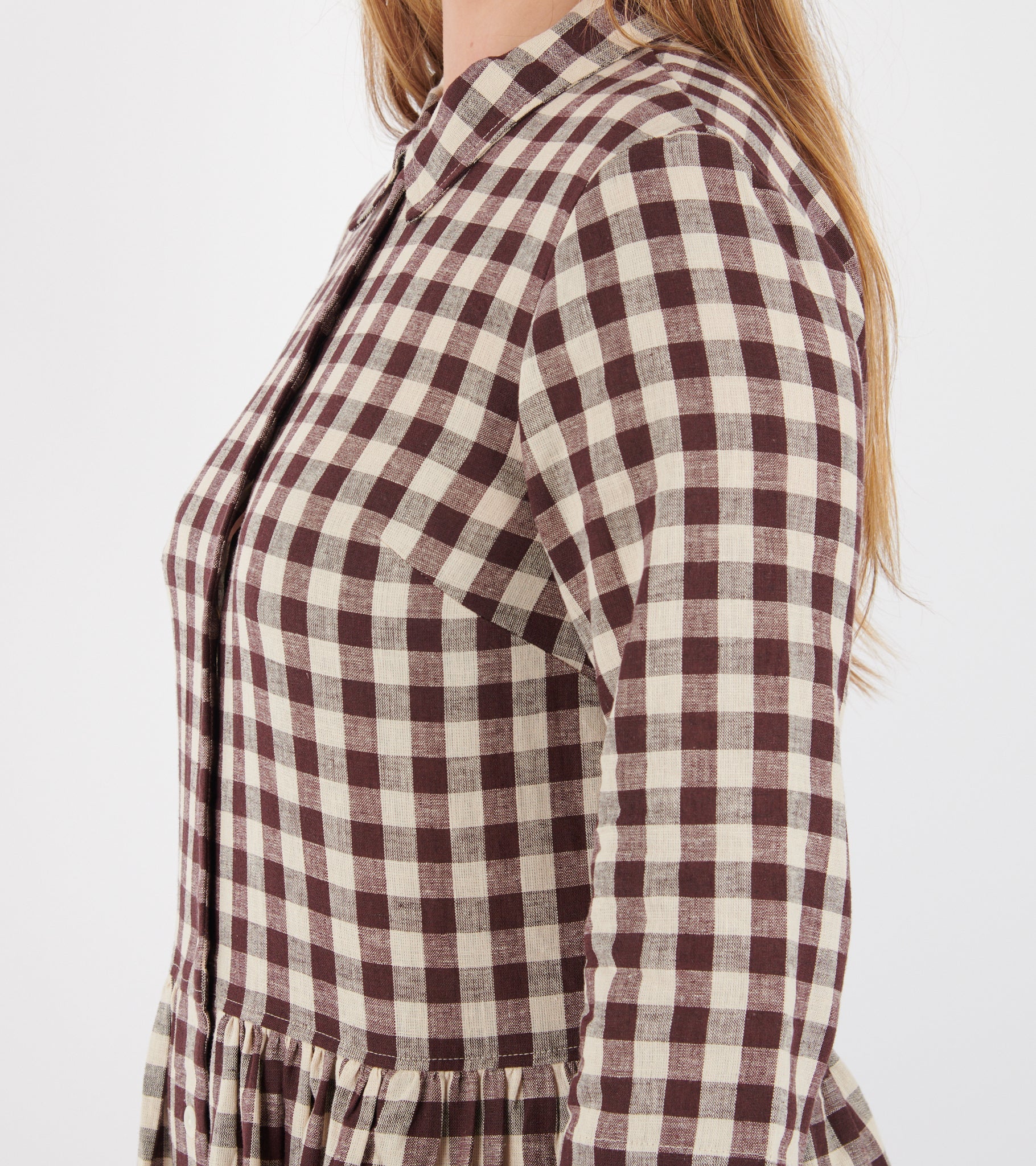 Check Linen Cotton Shirt Dress Dark Chocolate/Ecru