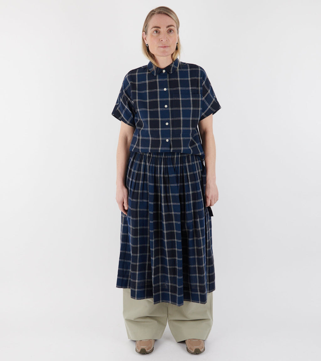 Market Check Cotton Linen Shirt Denim Blue