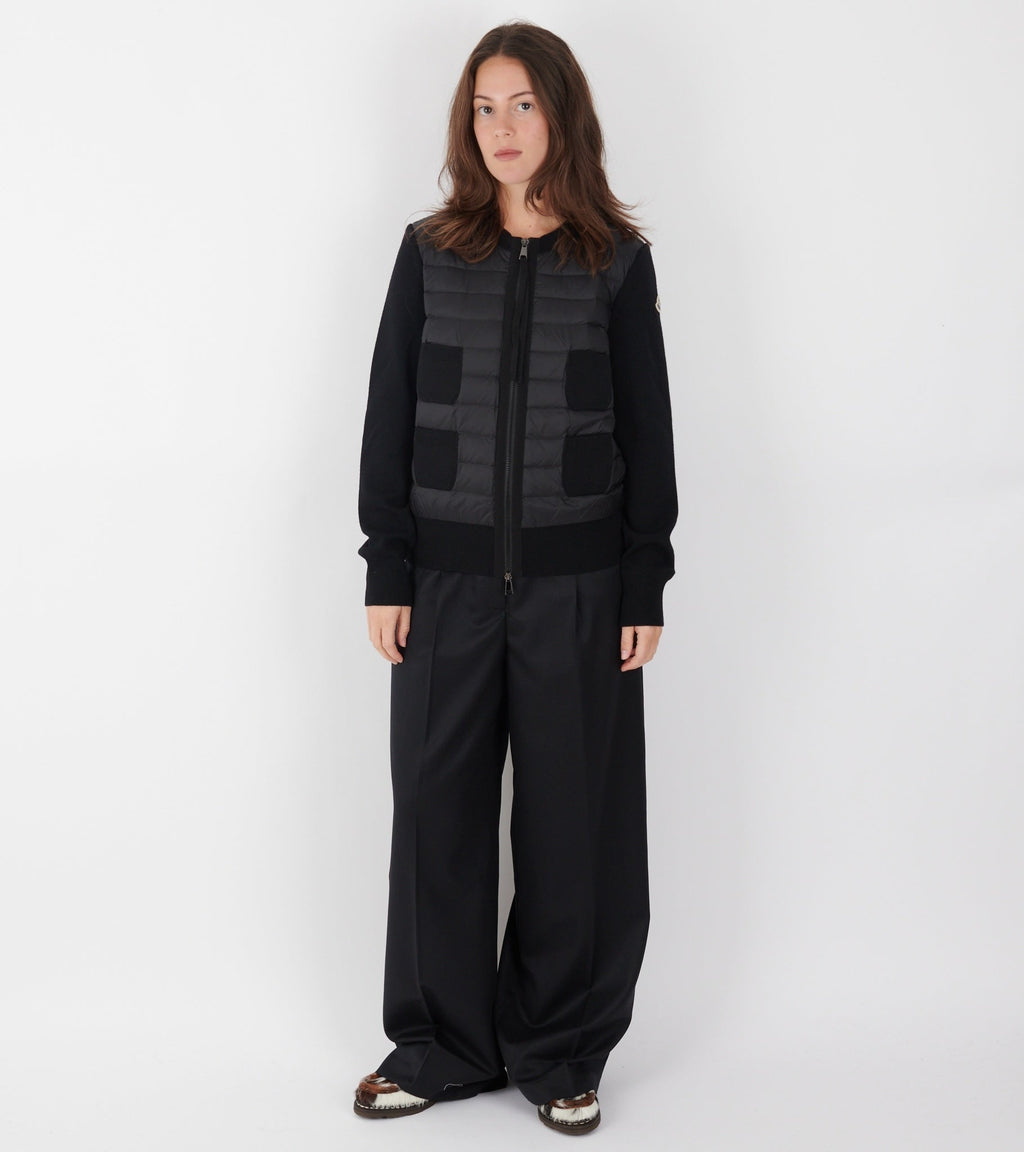 Padded Four Pockets Merino Wool Zip Up Cardigan Black