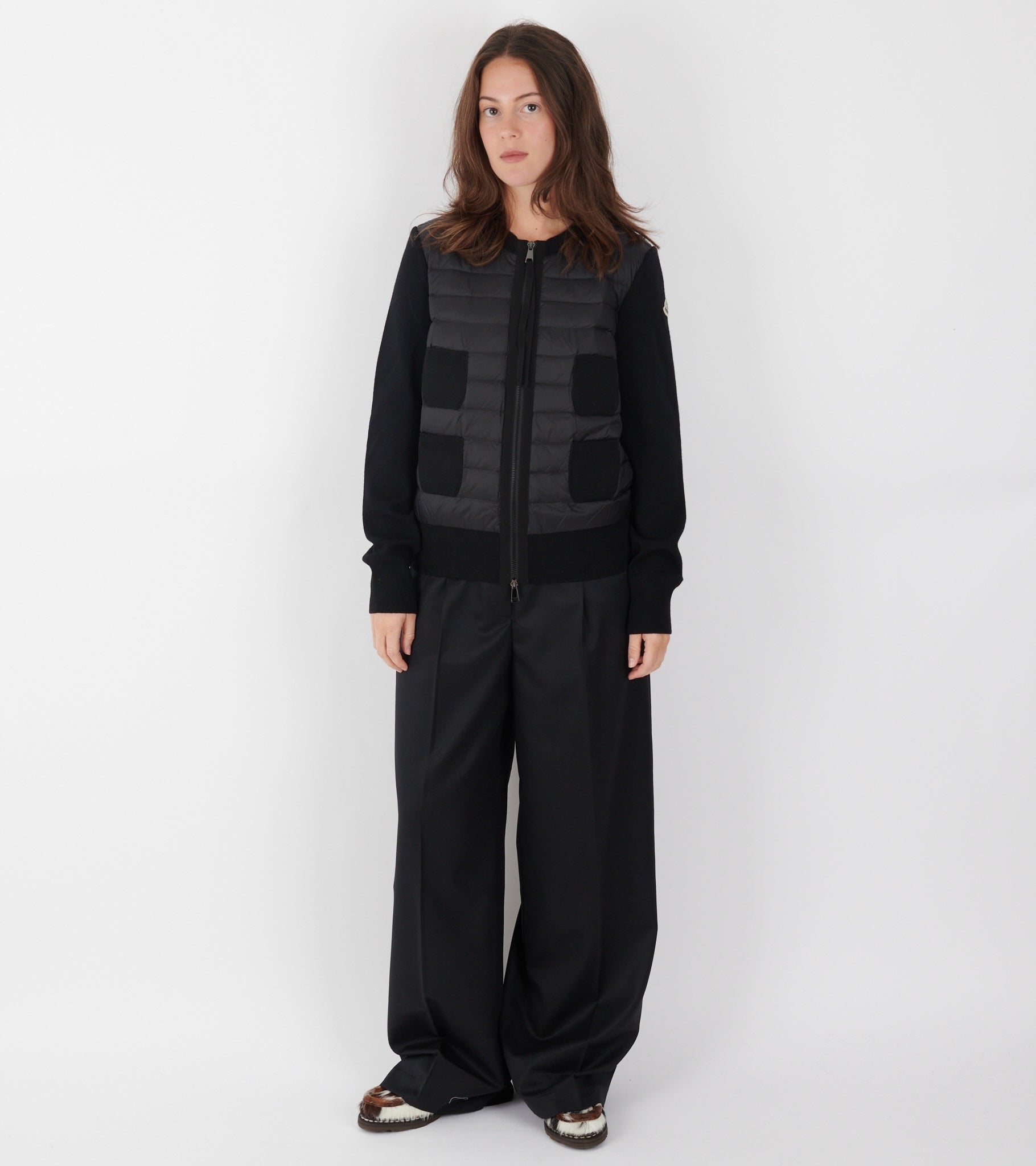 Padded Four Pockets Merino Wool Zip Up Cardigan Black