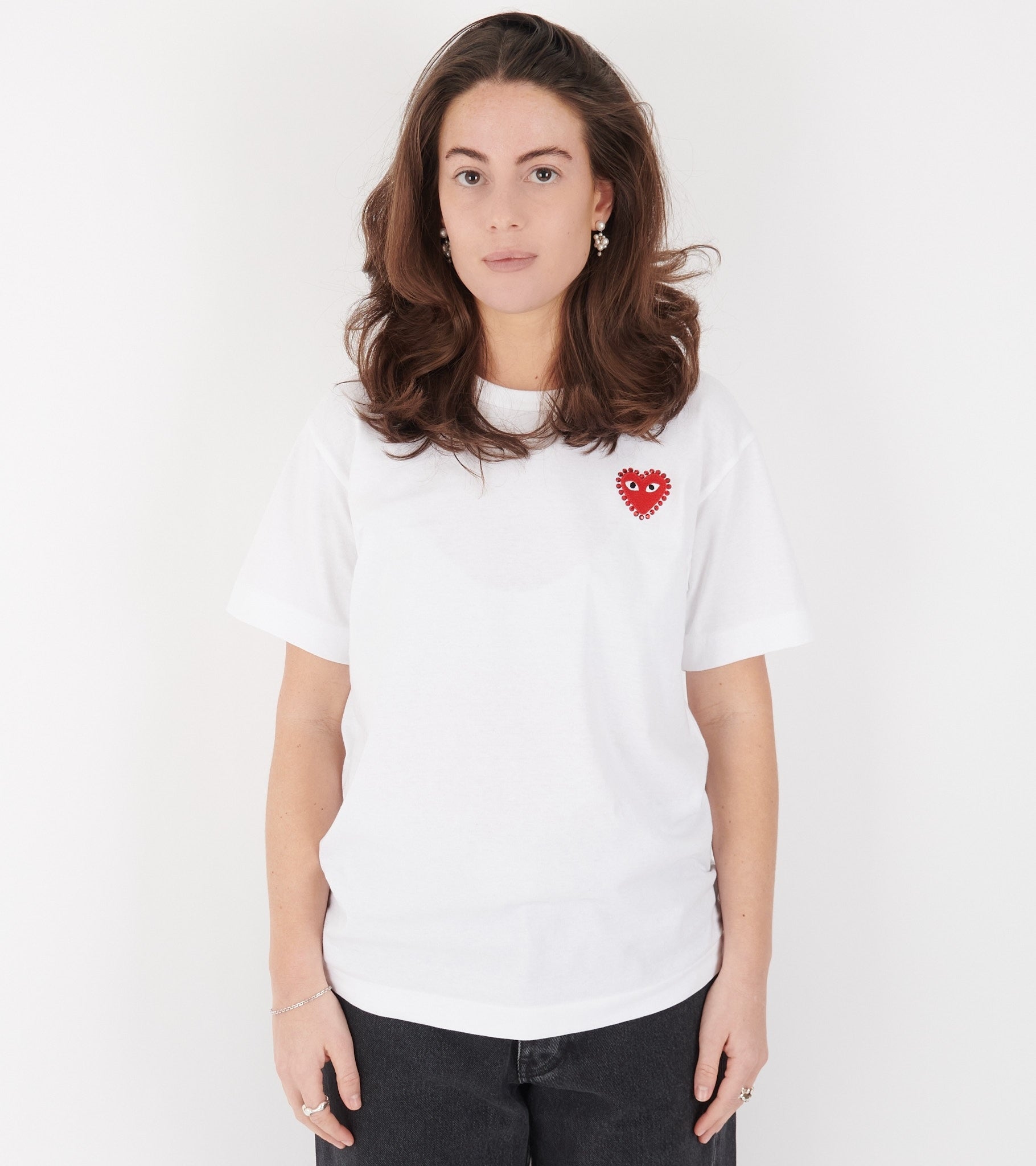 U Rhinestone Red Heart T-shirt White