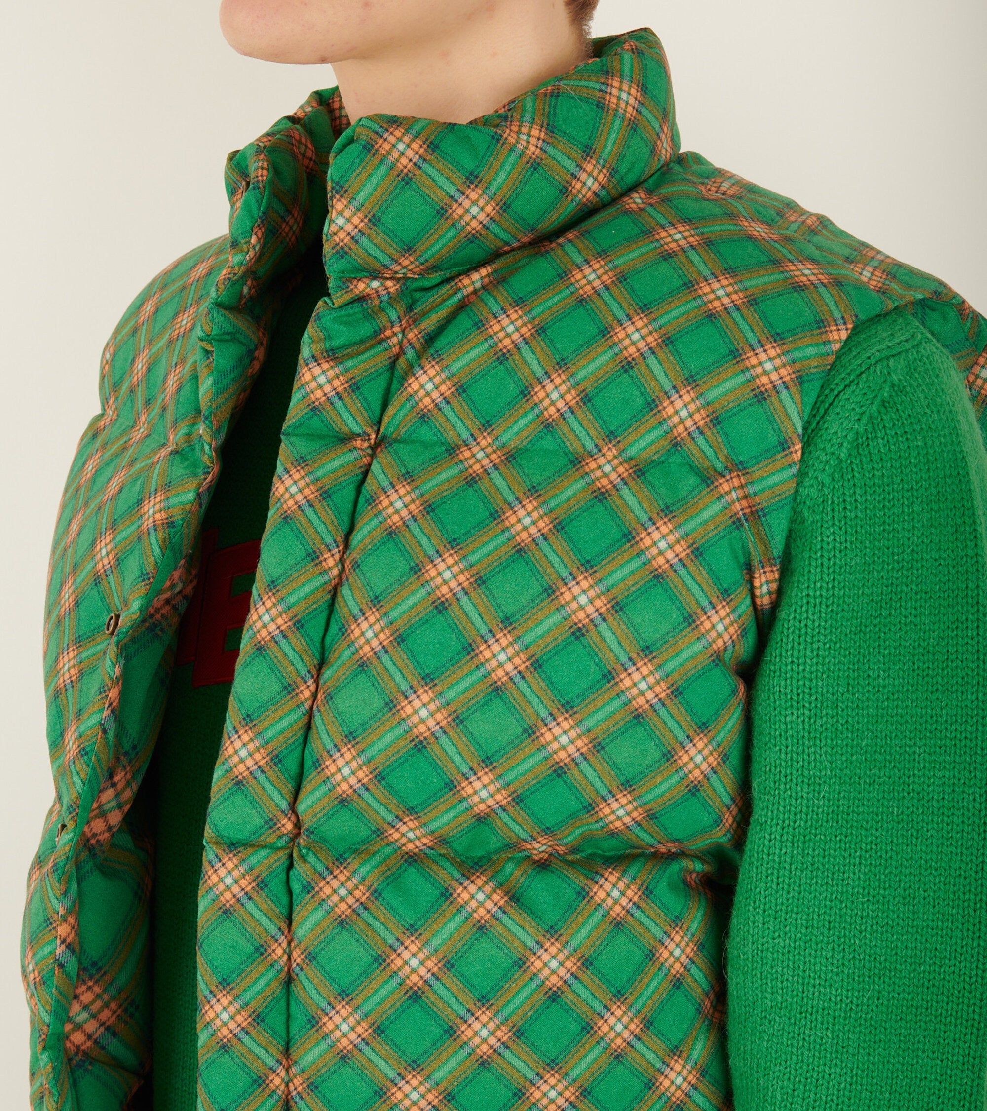 Cotton Down Vest Green Plaid